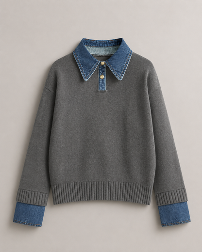 Women's Soft Stretch Knit Polo Sweater – Relaxed Fit with Denim Collar and Ribbed Trim