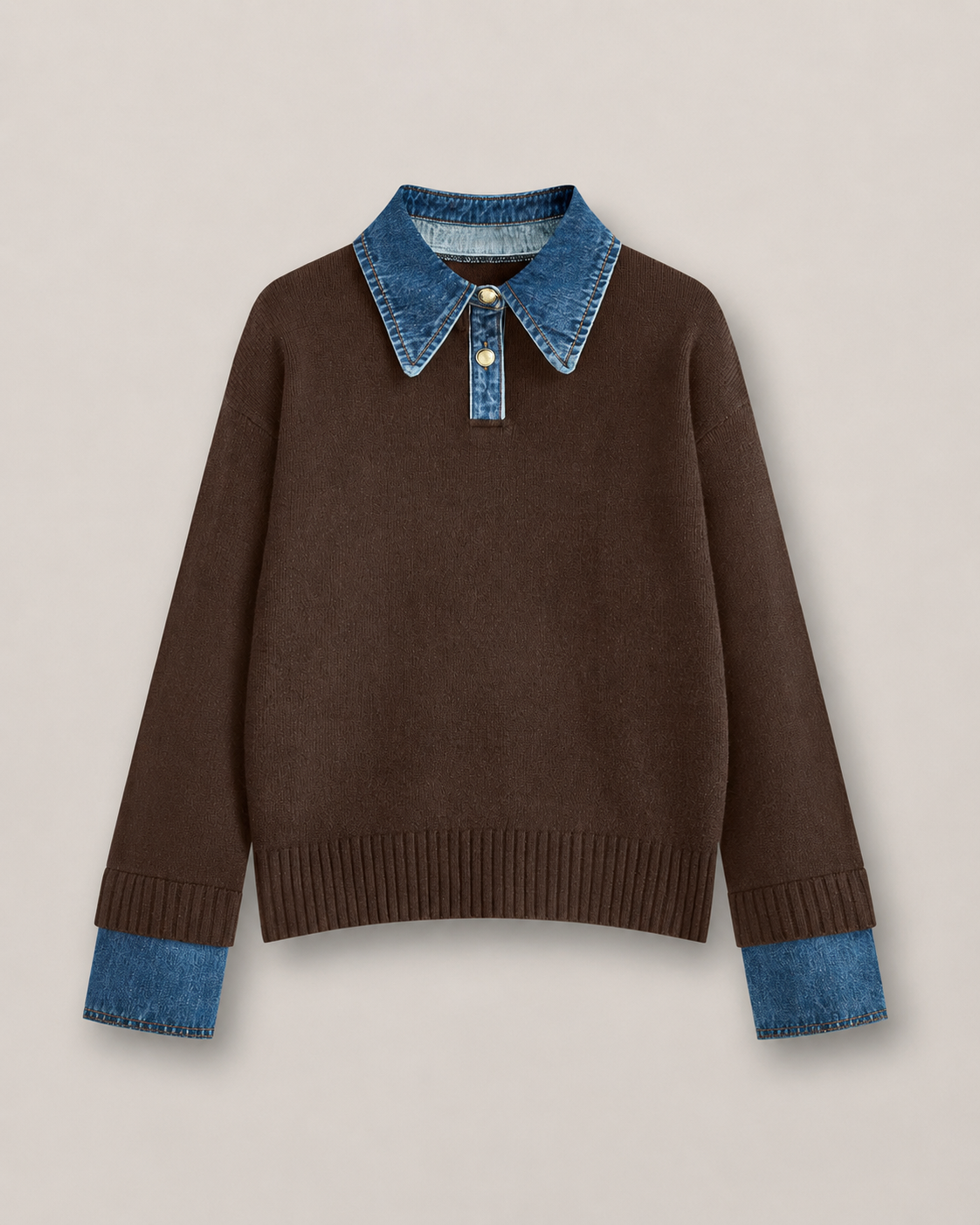 Women's Soft Stretch Knit Polo Sweater – Relaxed Fit with Denim Collar and Ribbed Trim