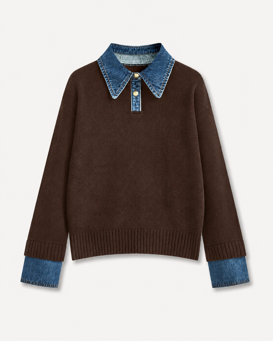Women's Soft Stretch Knit Polo Sweater – Relaxed Fit with Denim Collar and Ribbed Trim