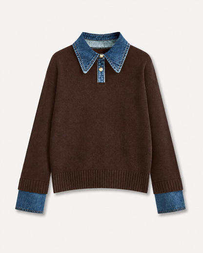 Women's Soft Stretch Knit Polo Sweater – Relaxed Fit with Denim Collar and Ribbed Trim