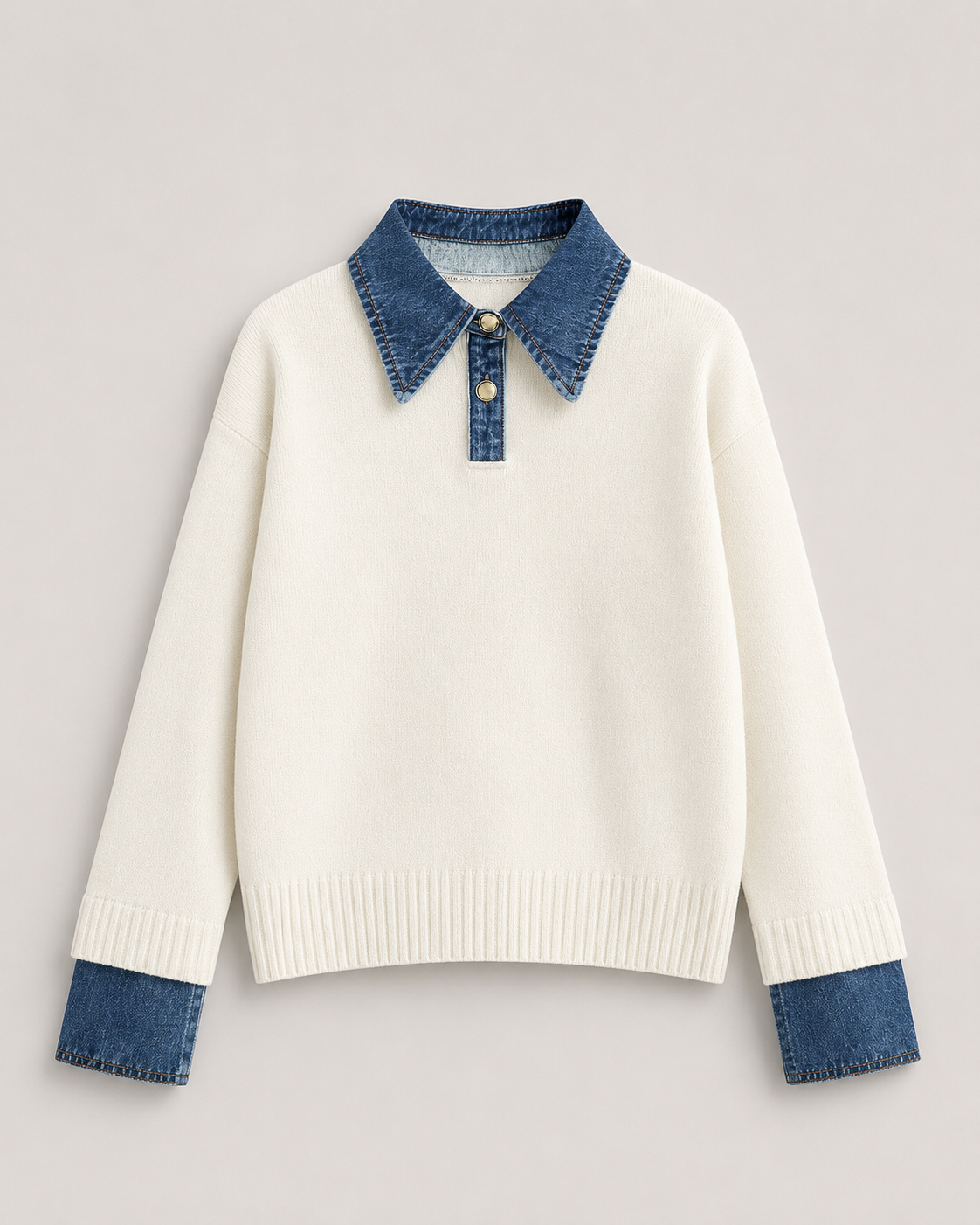 Women's Soft Stretch Knit Polo Sweater – Relaxed Fit with Denim Collar and Ribbed Trim