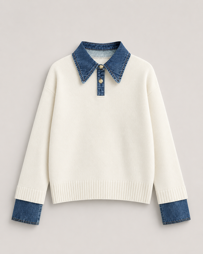 Women's Soft Stretch Knit Polo Sweater – Relaxed Fit with Denim Collar and Ribbed Trim