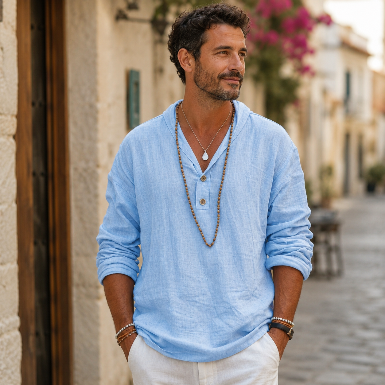Men's Long Sleeve Linen Shirt – Regular Fit with Stand-Up Collar