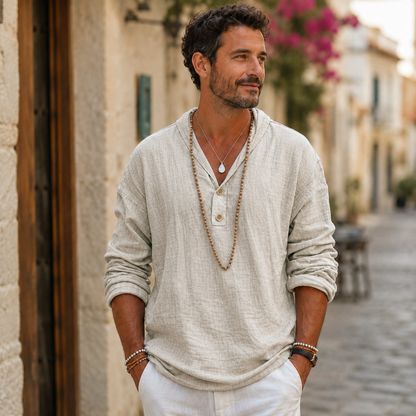 Men's Long Sleeve Linen Shirt – Regular Fit with Stand-Up Collar