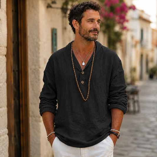 Men's Long Sleeve Linen Shirt – Regular Fit with Stand-Up Collar