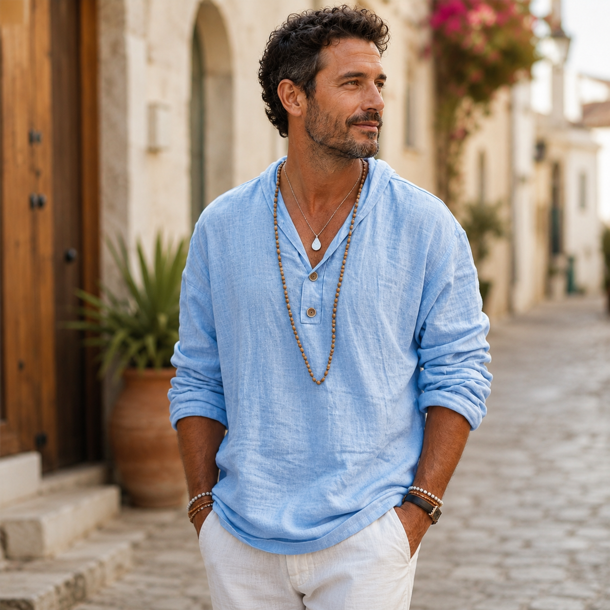 Men's Long Sleeve Linen Shirt – Regular Fit with Stand-Up Collar