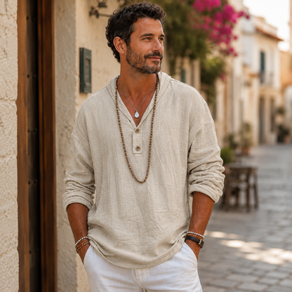 Men's Long Sleeve Linen Shirt – Regular Fit with Stand-Up Collar