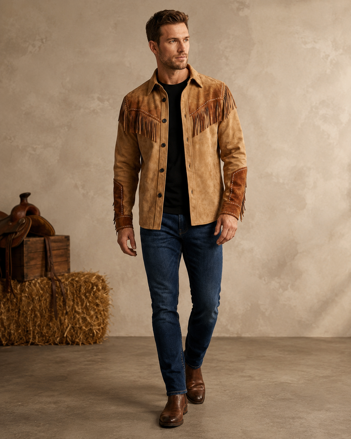 Men's Cotton Blend Western Shirt – Fringe Detailing with Floral Embroidery – Regular Fit