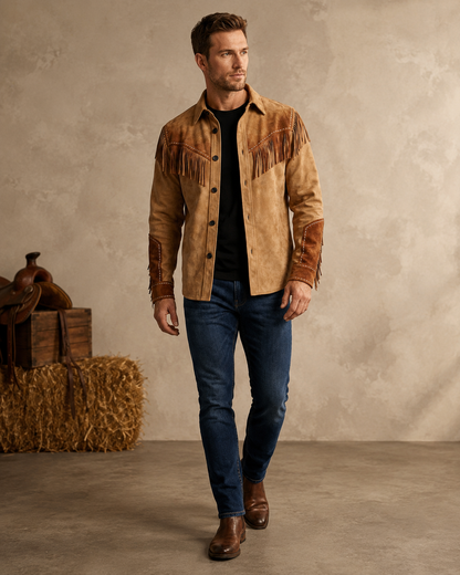 Men's Cotton Blend Western Shirt – Fringe Detailing with Floral Embroidery – Regular Fit