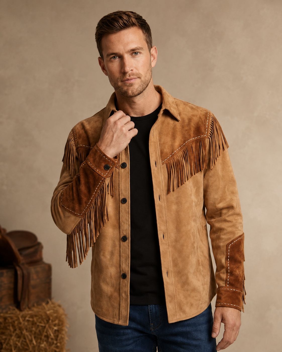 Men's Cotton Blend Western Shirt – Fringe Detailing with Floral Embroidery – Regular Fit