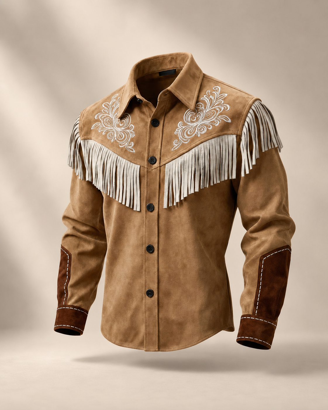 Men's Cotton Blend Western Shirt – Fringe Detailing with Floral Embroidery – Regular Fit