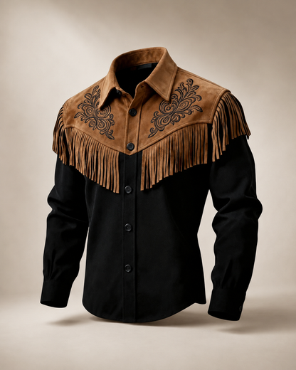 Men's Cotton Blend Western Shirt – Fringe Detailing with Floral Embroidery – Regular Fit