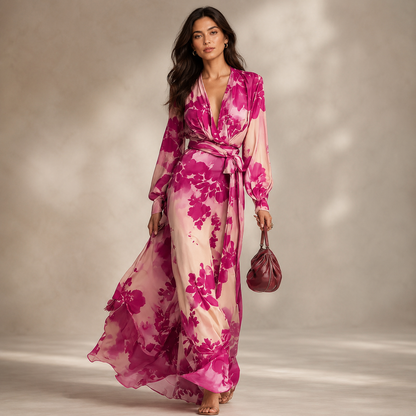 Women's Floral Chiffon Maxi Dress – Deep V-Neckline with Lantern Sleeves