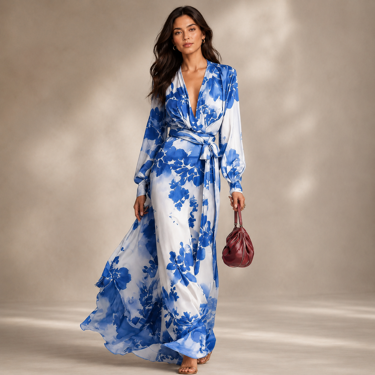 Women's Floral Chiffon Maxi Dress – Deep V-Neckline with Lantern Sleeves