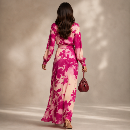 Women's Floral Chiffon Maxi Dress – Deep V-Neckline with Lantern Sleeves