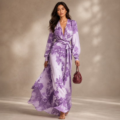Women's Floral Chiffon Maxi Dress – Deep V-Neckline with Lantern Sleeves