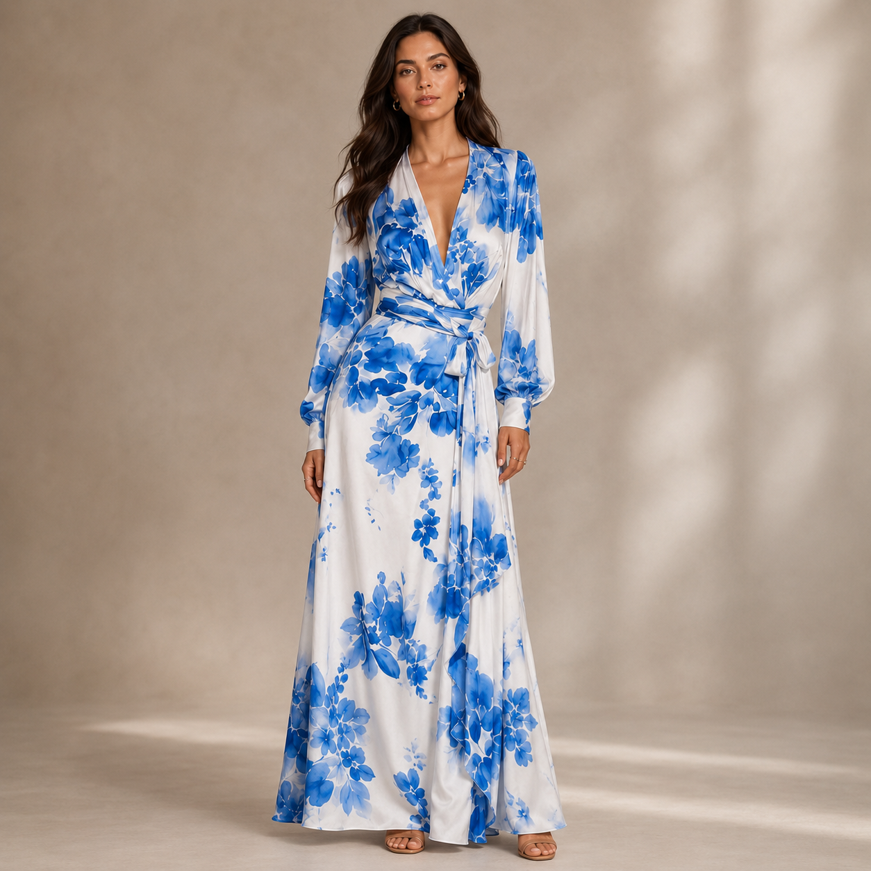 Women's Floral Chiffon Maxi Dress – Deep V-Neckline with Lantern Sleeves