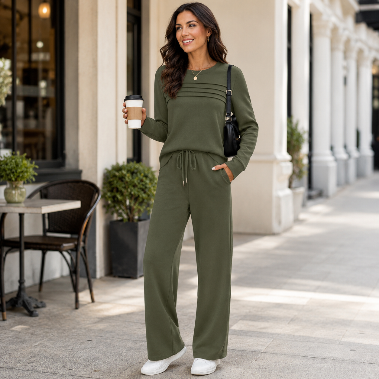 Women's Soft Loungewear Set – Crew Neck Top with Adjustable Drawstring Pants