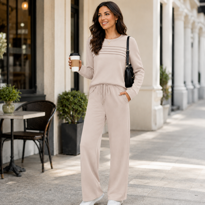 Women's Soft Loungewear Set – Crew Neck Top with Adjustable Drawstring Pants
