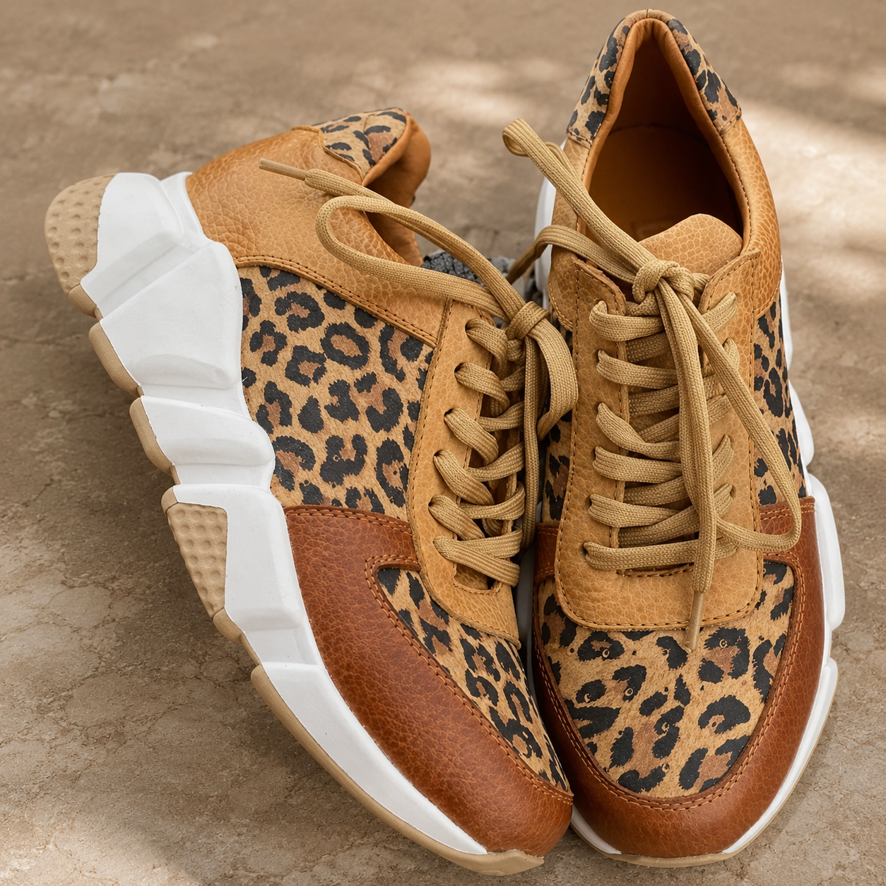 Women's Leopard Print Sneakers – Chunky Ridged Sole, Lace-Up Closure