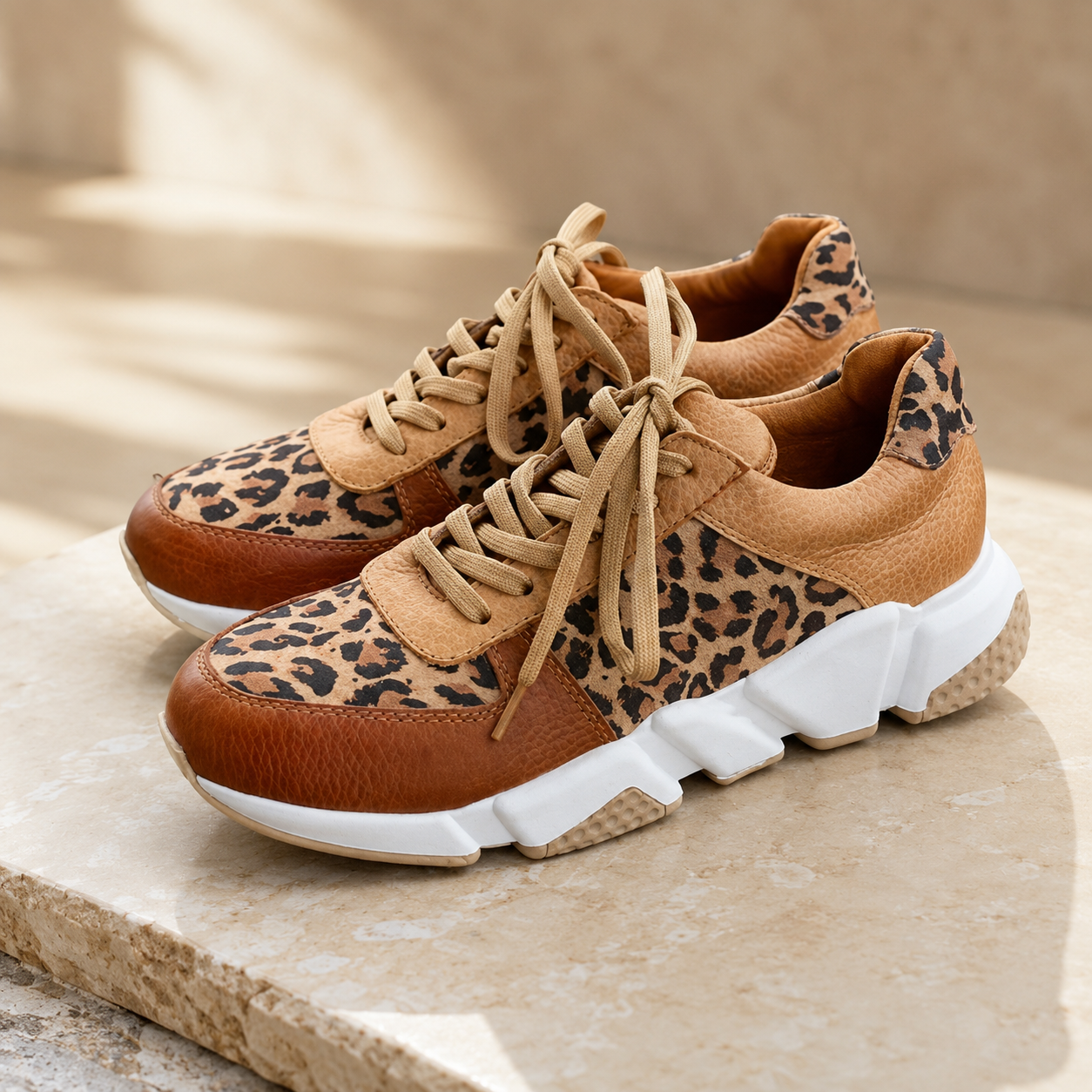 Women's Leopard Print Sneakers – Chunky Ridged Sole, Lace-Up Closure
