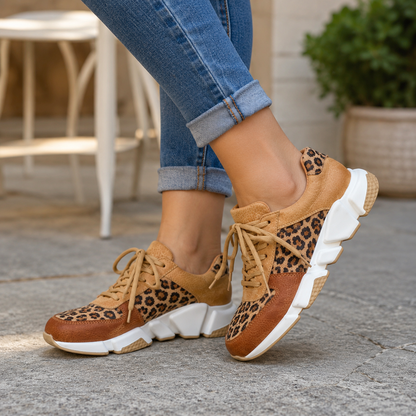 Women's Leopard Print Sneakers – Chunky Ridged Sole, Lace-Up Closure