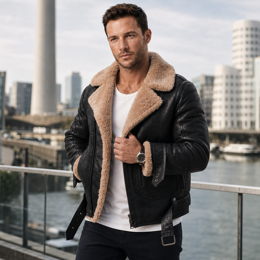 Men's PU Leather Biker Jacket – Sherpa-Lined with Lapel Collar and Zip Closure