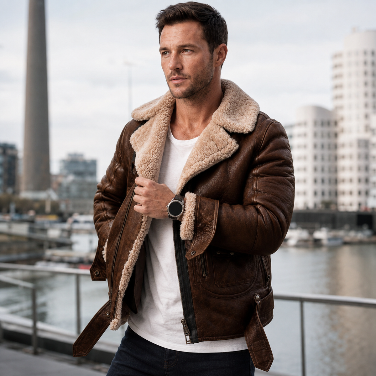 Men's PU Leather Biker Jacket – Sherpa-Lined with Lapel Collar and Zip Closure