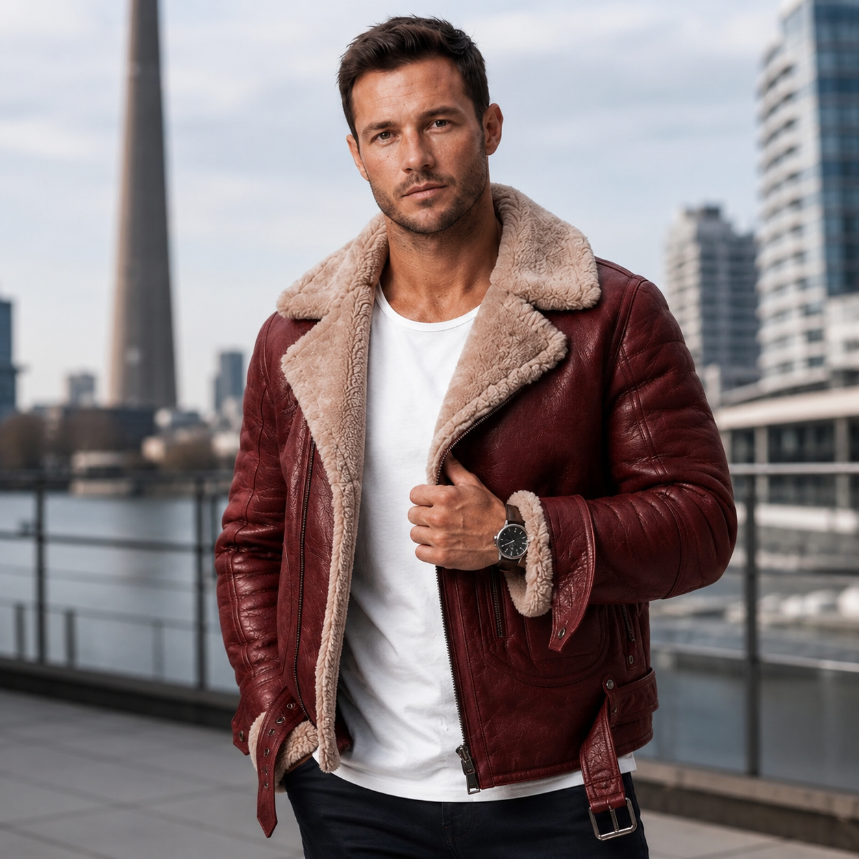 Men's PU Leather Biker Jacket – Sherpa-Lined with Lapel Collar and Zip Closure