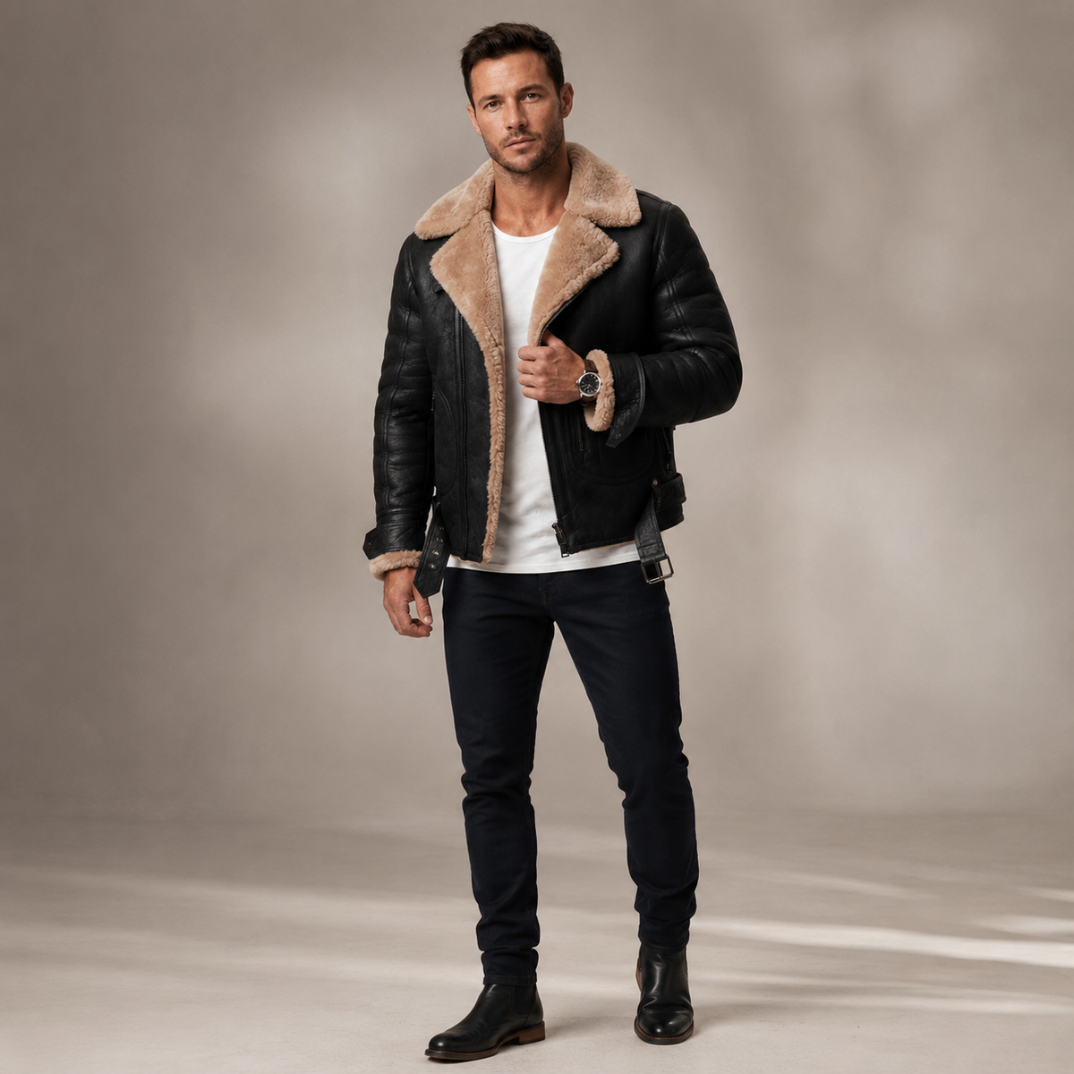 Men's PU Leather Biker Jacket – Sherpa-Lined with Lapel Collar and Zip Closure
