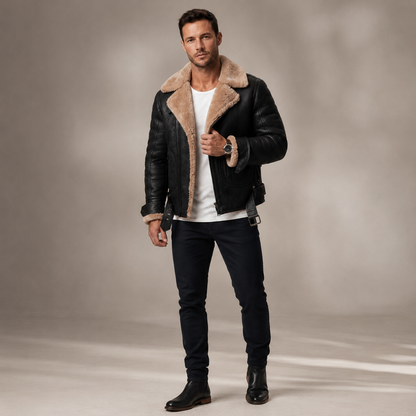 Men's PU Leather Biker Jacket – Sherpa-Lined with Lapel Collar and Zip Closure