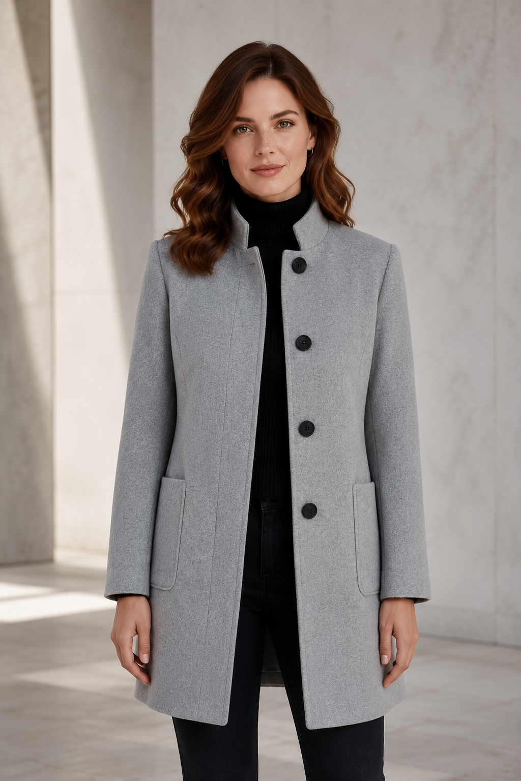Women's Wool-Blend Winter Coat – Tailored Fit with Stand Collar and Three-Button Front Closure