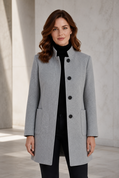 Women's Wool-Blend Winter Coat – Tailored Fit with Stand Collar and Three-Button Front Closure