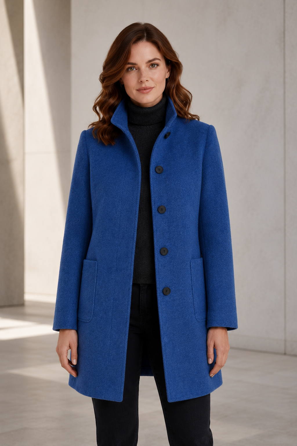 Women's Wool-Blend Winter Coat – Tailored Fit with Stand Collar and Three-Button Front Closure
