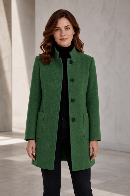 Women's Wool-Blend Winter Coat – Tailored Fit with Stand Collar and Three-Button Front Closure