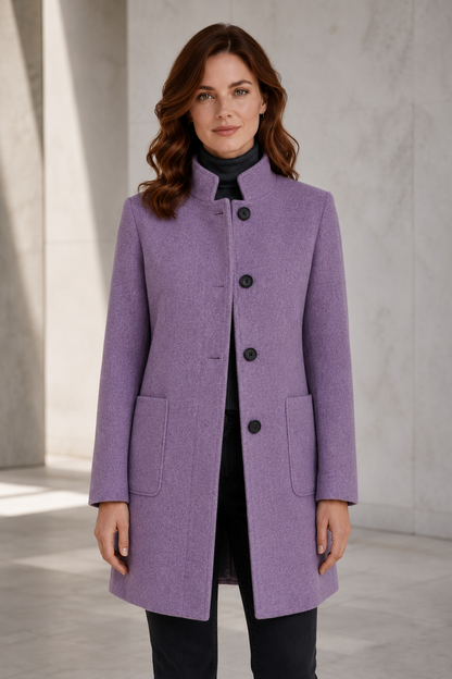 Women's Wool-Blend Winter Coat – Tailored Fit with Stand Collar and Three-Button Front Closure