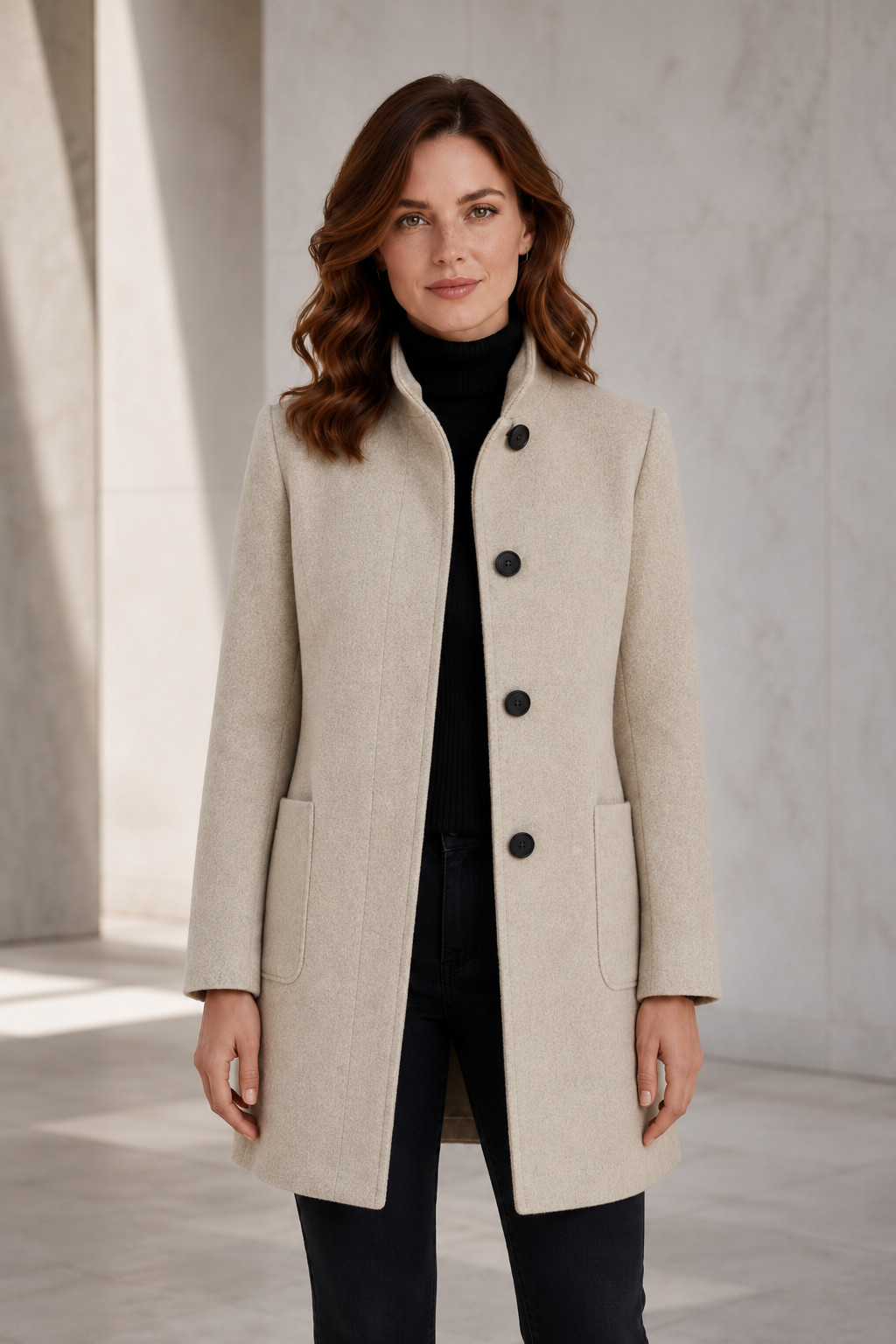 Women's Wool-Blend Winter Coat – Tailored Fit with Stand Collar and Three-Button Front Closure