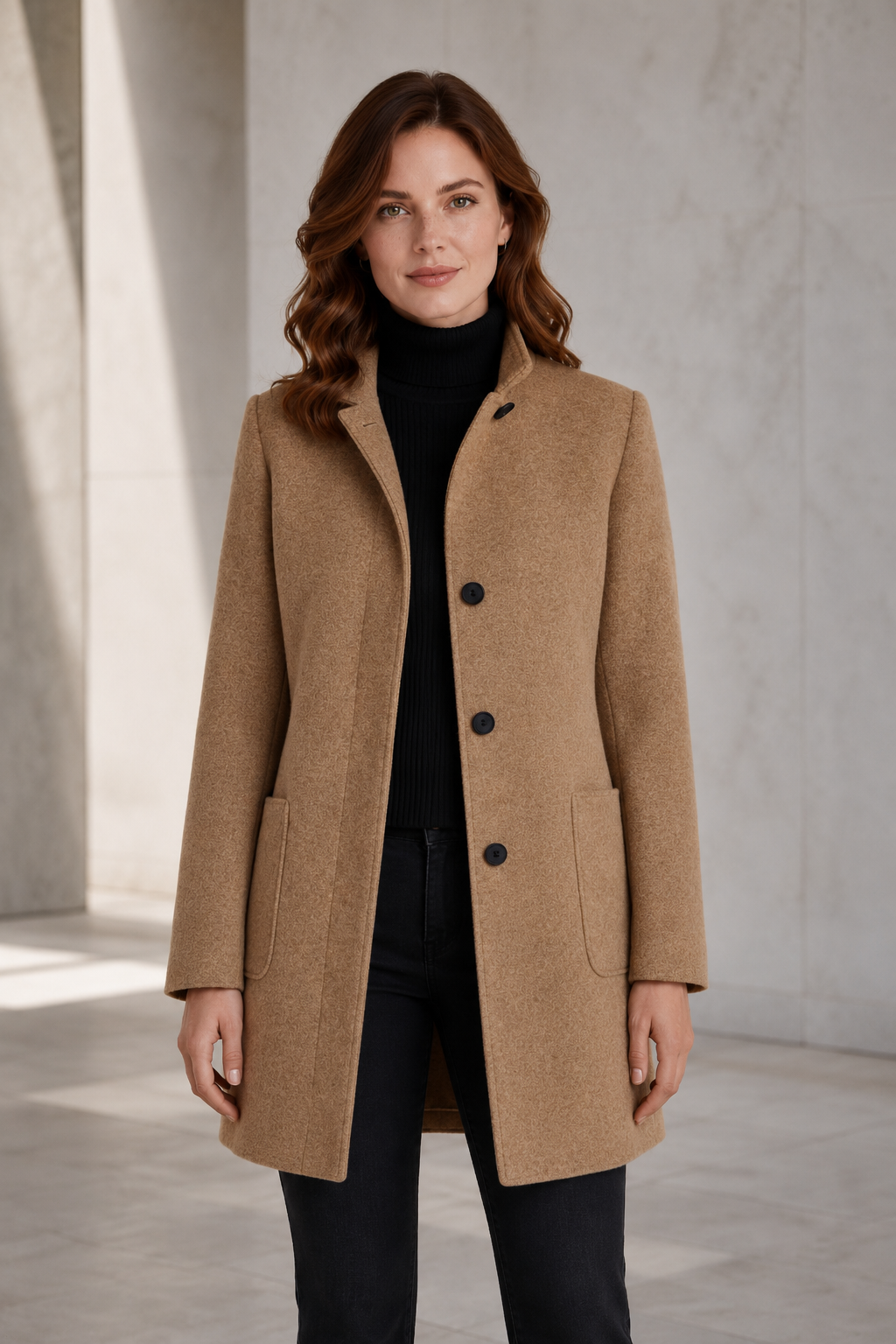 Women's Wool-Blend Winter Coat – Tailored Fit with Stand Collar and Three-Button Front Closure