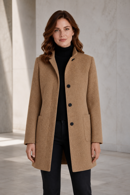 Women's Wool-Blend Winter Coat – Tailored Fit with Stand Collar and Three-Button Front Closure