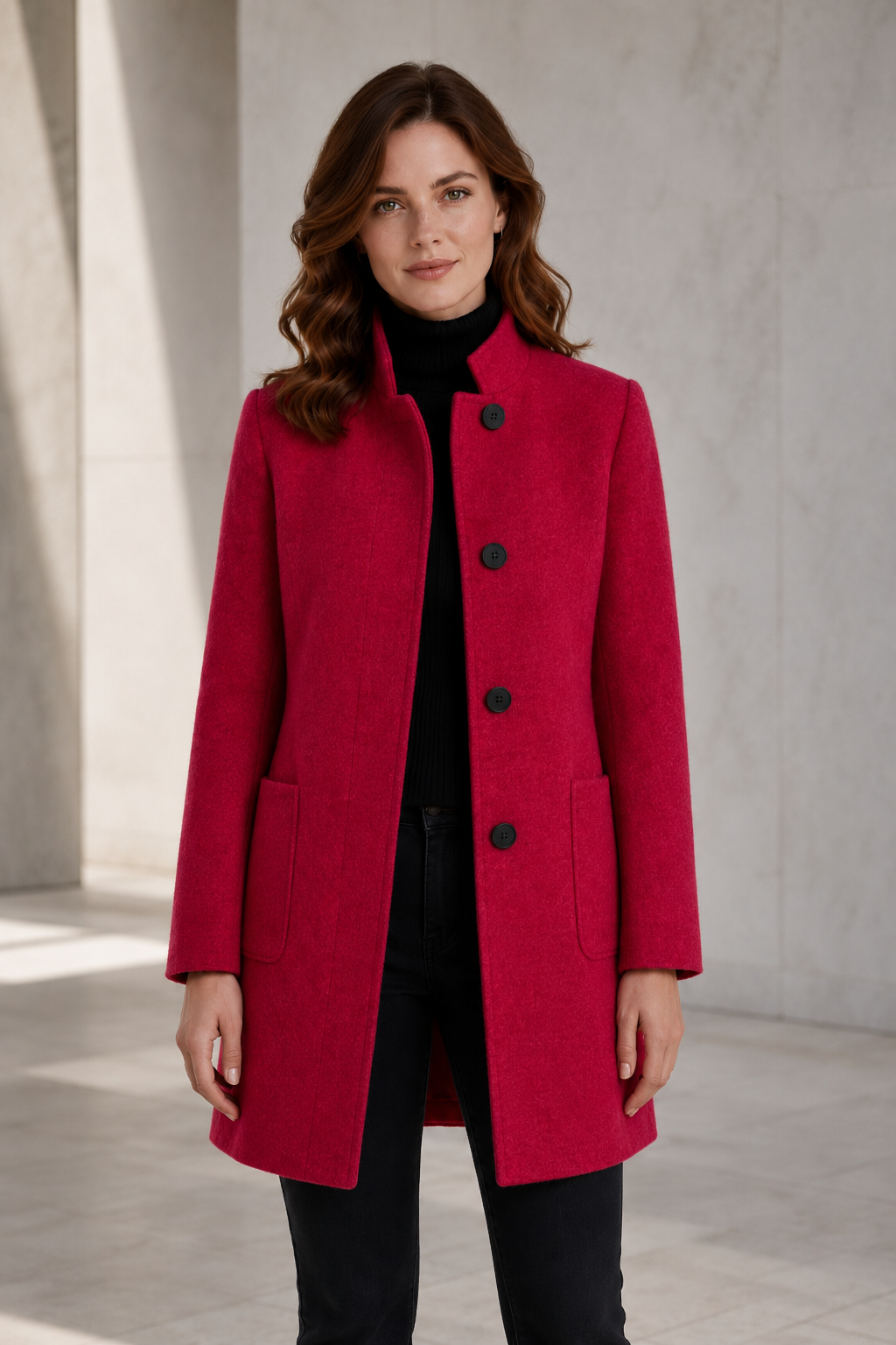 Women's Wool-Blend Winter Coat – Tailored Fit with Stand Collar and Three-Button Front Closure