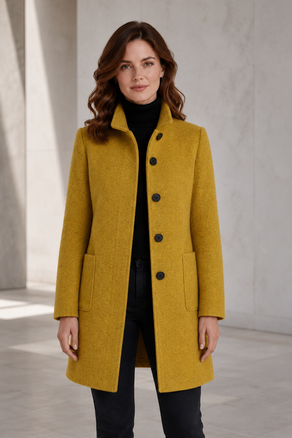 Women's Wool-Blend Winter Coat – Tailored Fit with Stand Collar and Three-Button Front Closure