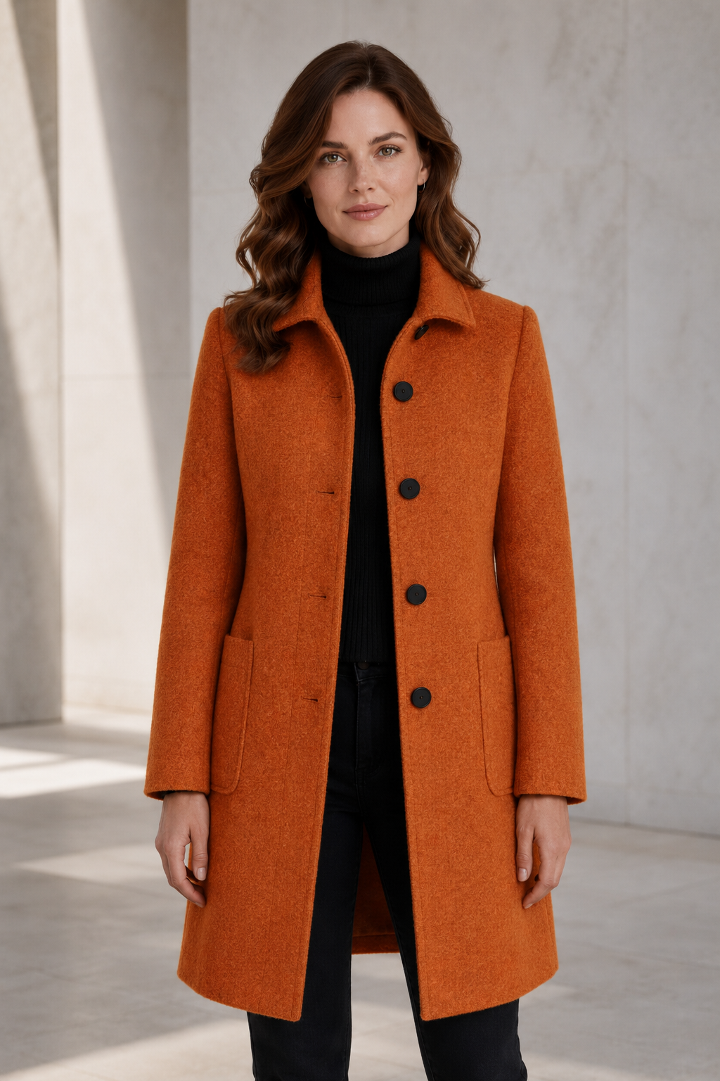 Women's Wool-Blend Winter Coat – Tailored Fit with Stand Collar and Three-Button Front Closure