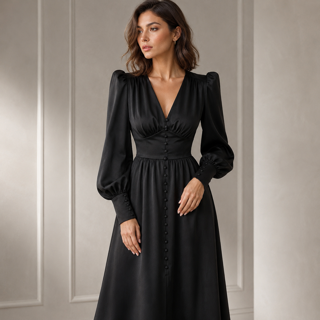 Women's Satin Midi Dress – Deep V-Neck with Puff Sleeves – Empire Waist