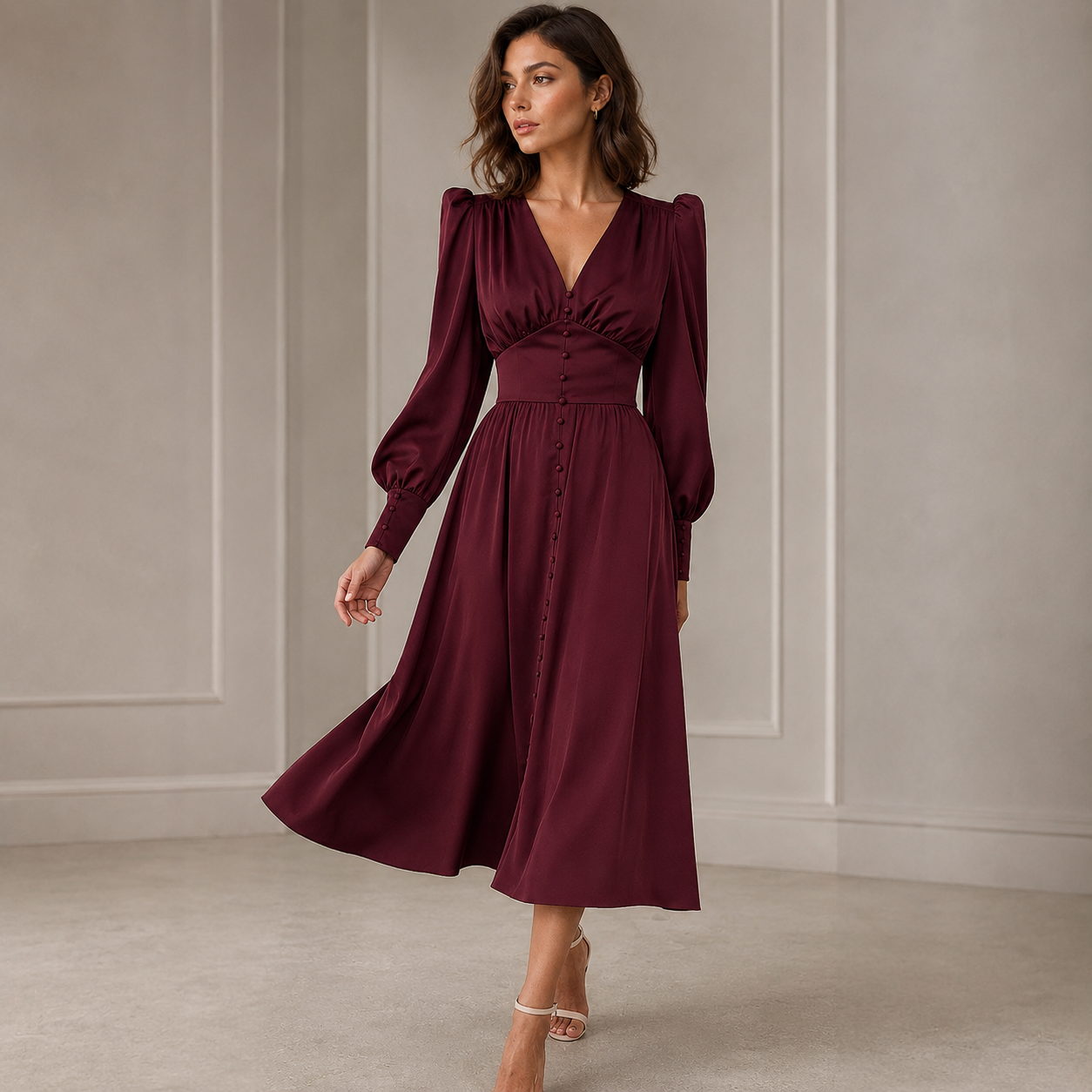 Women's Satin Midi Dress – Deep V-Neck with Puff Sleeves – Empire Waist