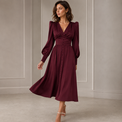 Women's Satin Midi Dress – Deep V-Neck with Puff Sleeves – Empire Waist