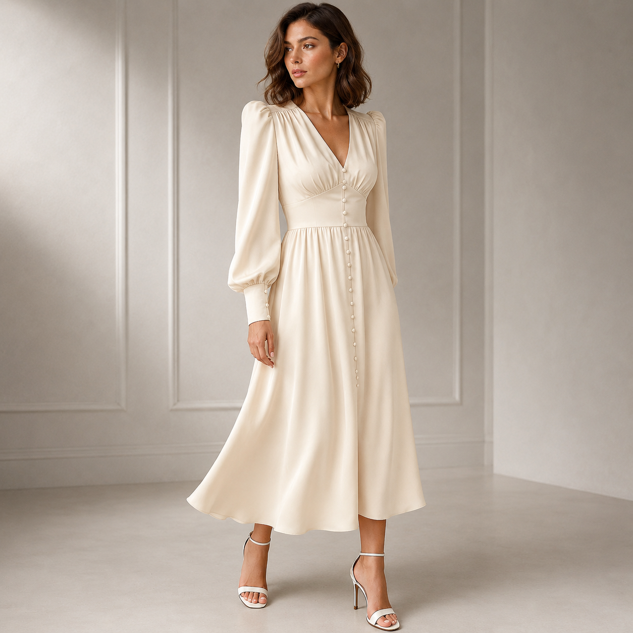 Women's Satin Midi Dress – Deep V-Neck with Puff Sleeves – Empire Waist
