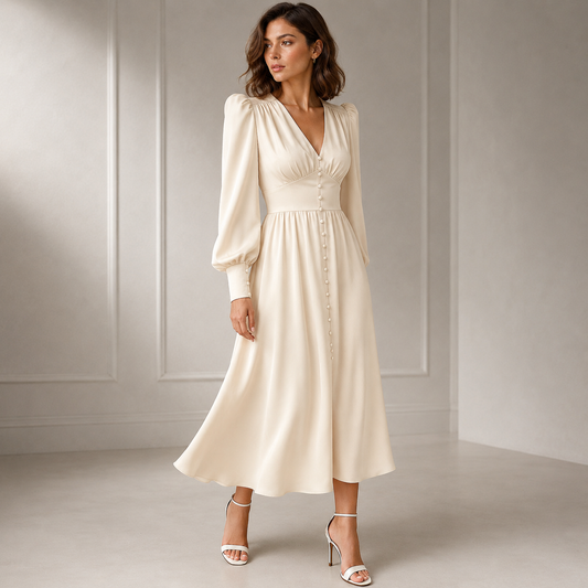Women's Satin Midi Dress – Deep V-Neck with Puff Sleeves – Empire Waist