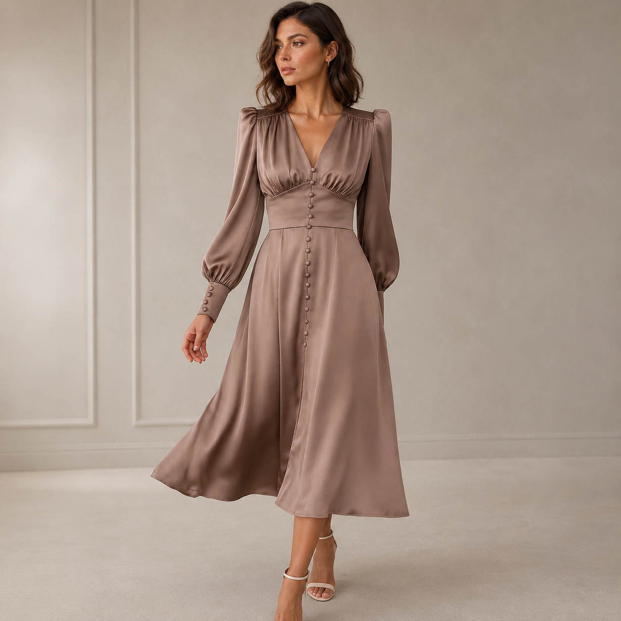 Women's Satin Midi Dress – Deep V-Neck with Puff Sleeves – Empire Waist