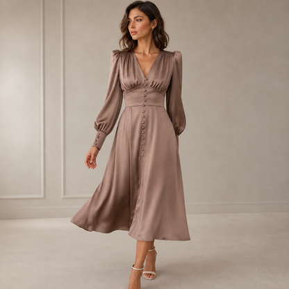 Women's Satin Midi Dress – Deep V-Neck with Puff Sleeves – Empire Waist