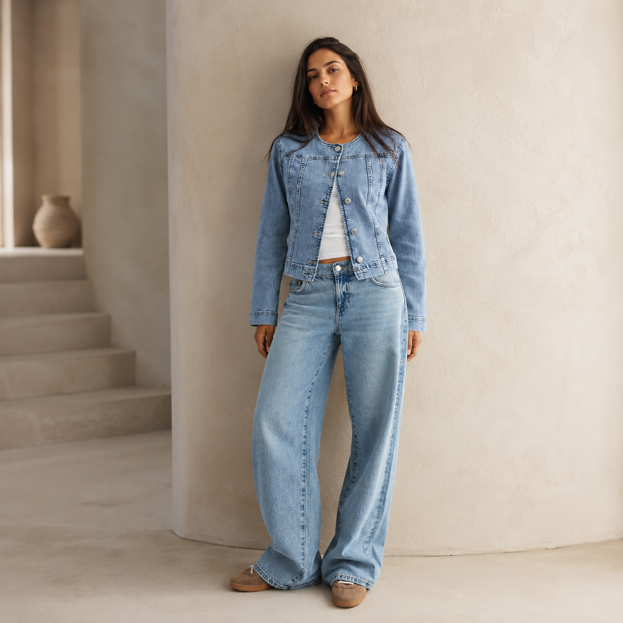 Women's Lightweight Collarless Denim Jacket – Tailored Fit with Silver Button-Front Closure
